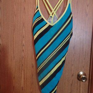 Athletech Teal/Black/Yellow Striped One-Piece Bathing Suit, Size 18